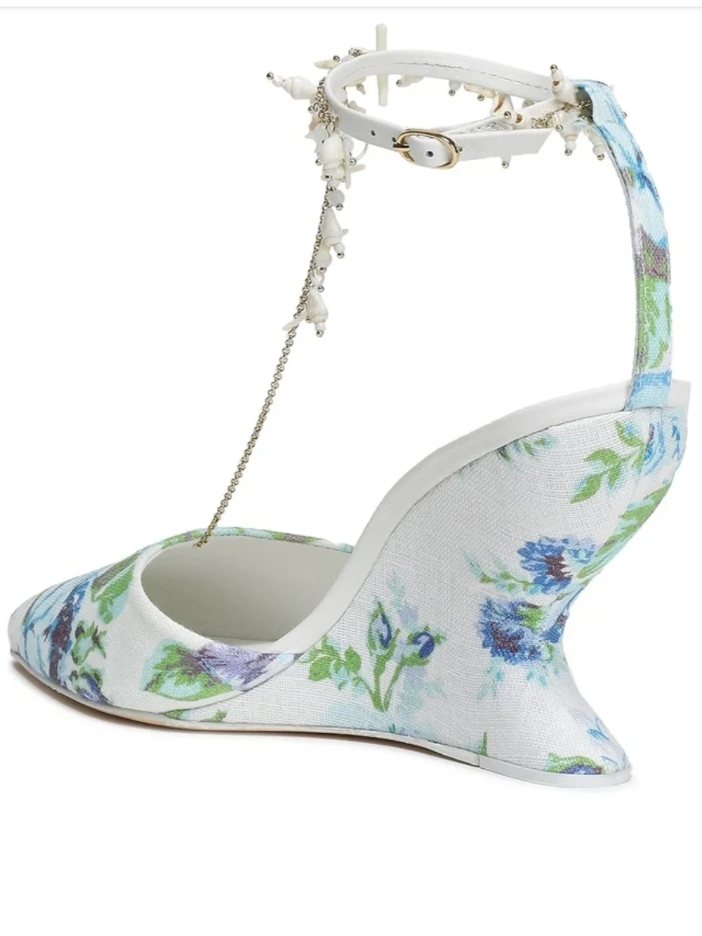 Zimmermann Floral Pointed Mules with Pearl Chain Ankle Straps - White/Blue/Green